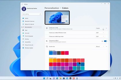 A picture that shows how to change colors in Windows 11 by changing the “Colors” settings in the “Settings” app.