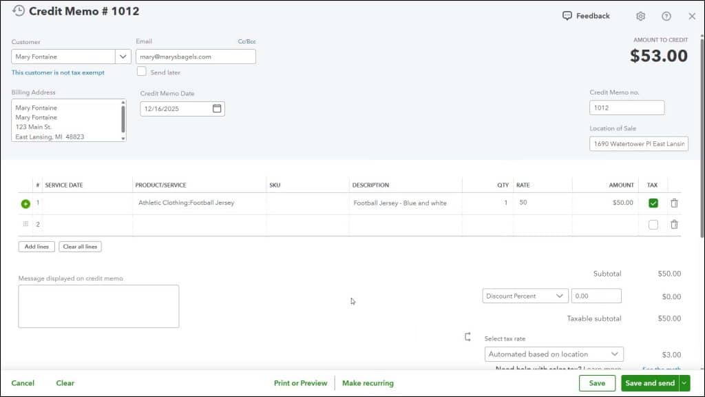 A picture showing how to create a credit memo in QuickBooks Online.
