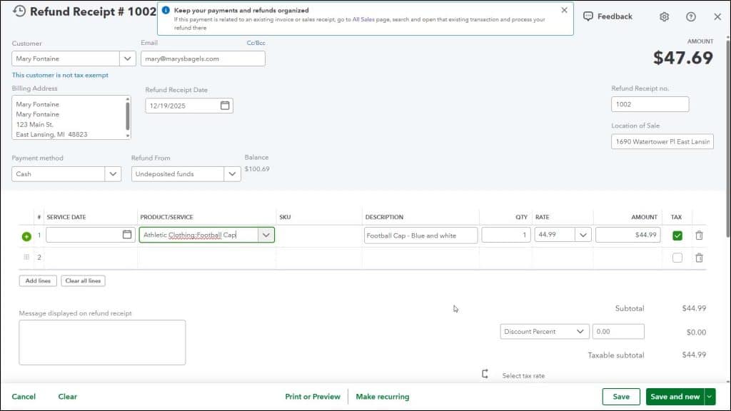 A picture showing how to create a refund receipt in QuickBooks Online.