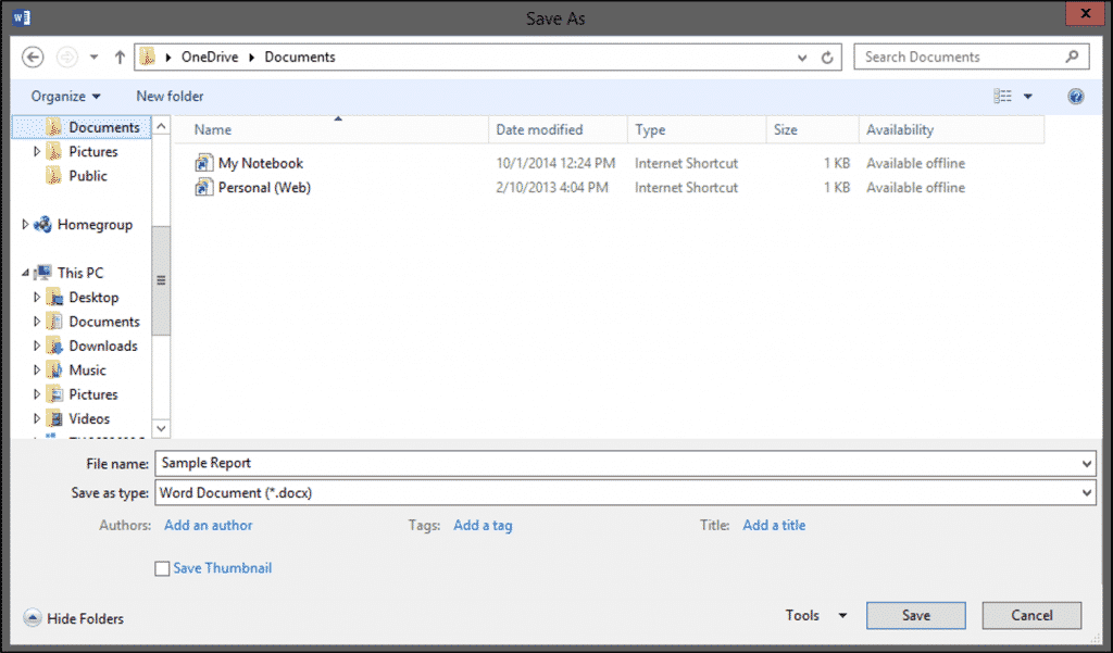 Save a Document in Word 2013- Tutorial: A picture of the "Save As" dialog box in Word 2013.