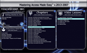 Wildcard Characters in Access- Tutorial: A picture of the "Mastering Access Made Easy v.2013-2007" training interface.