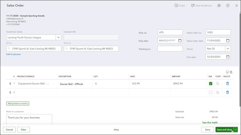 A picture showing how to manually create sales orders in QuickBooks Online Plus.