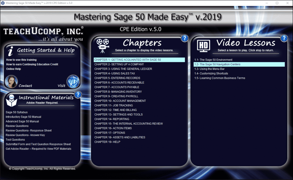 Buy Sage 50 2019 Training: A picture of the “Mastering Sage 50 Made Easy v.2019 CPE Edition v.5.0” training interface for DVDs or digital downloads.
