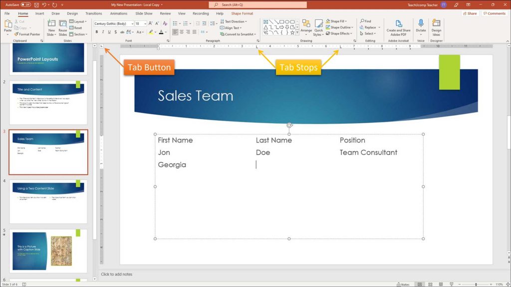 A picture of the Tab button in PowerPoint and a user typing text using tabs in PowerPoint.