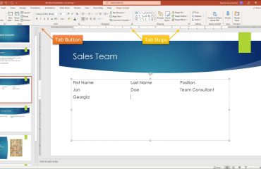 A picture of the Tab button in PowerPoint and a user typing text using tabs in PowerPoint.