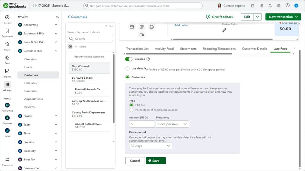 A picture showing how to customize the late fee settings for an individual customer if you apply automatic late fees in QuickBooks Online.