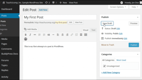 Save a Draft in WordPress - Tutorial: A picture of a user saving a draft of a post in WordPress.
