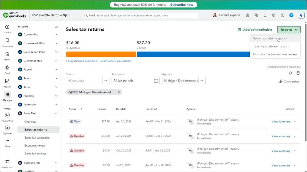 A showing how to run sales tax reports in QuickBooks Online from the “Sales tax returns” page.