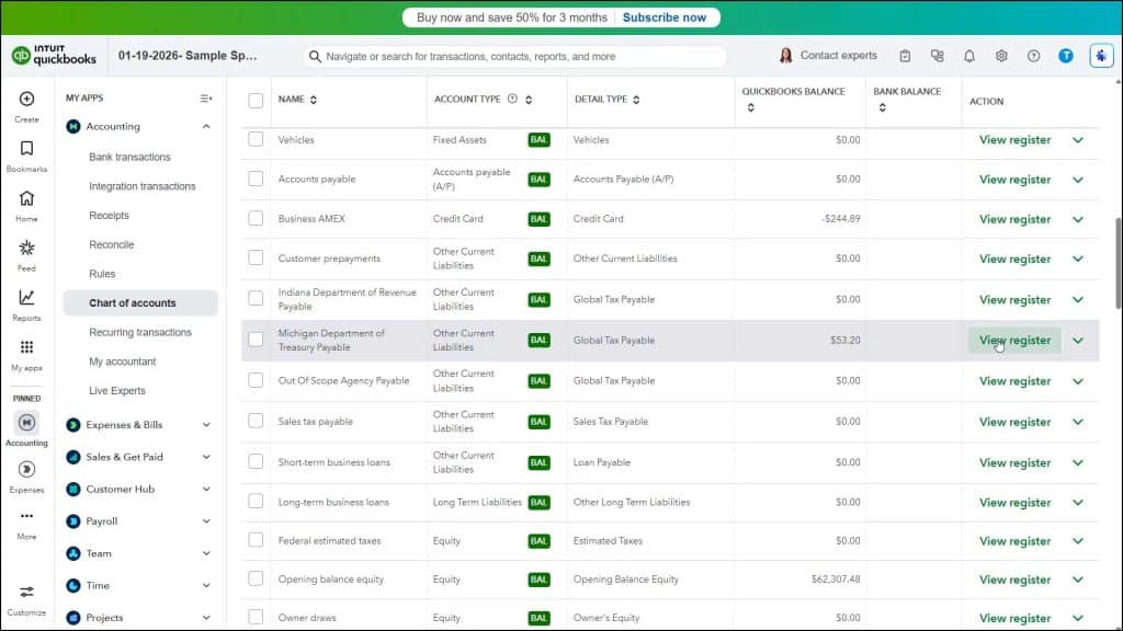 A picture showing how to view the sales tax payable registers in QuickBooks Online.