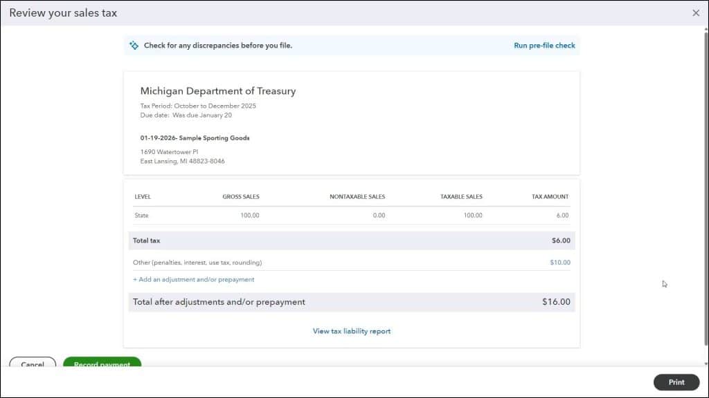 A picture showing how to pay your sales tax agencies in QuickBooks Online in the “Review your sales tax” window.