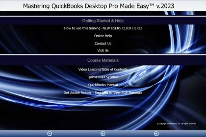A picture of the training interface for the digital download or DVD versions of our QuickBooks Desktop Pro training, titled Mastering QuickBooks Desktop Pro Made Easy™ v.2023.