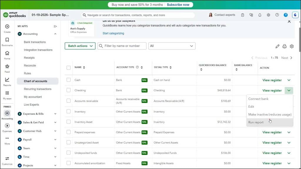 A picture showing how to create account QuickReports in QuickBooks Online.