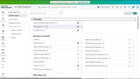 A picture showing how to create standard reports in QuickBooks Online.