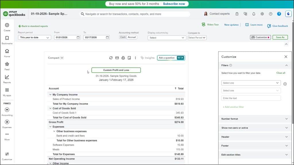 A picture showing how to customize a report in QuickBooks Online by changing the report’s title.