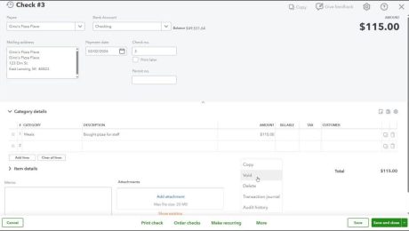 A picture showing how to void a check in QuickBooks Online.