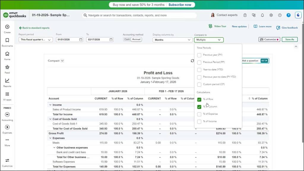 A picture showing how to change the general report settings in QuickBooks Online for a Profit and Loss report.