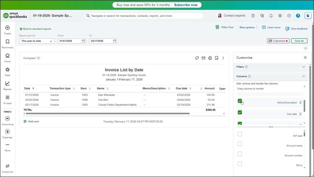 A picture showing how to change the row and column settings for reports in QuickBooks Online when customizing a detail report.