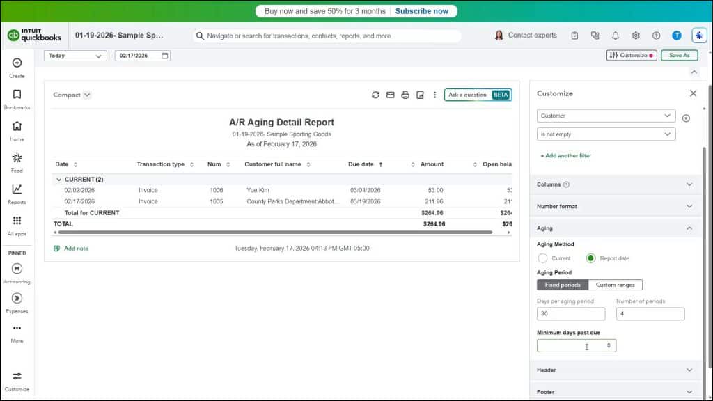 A picture showing how to change advanced aging report settings in QuickBooks Online.