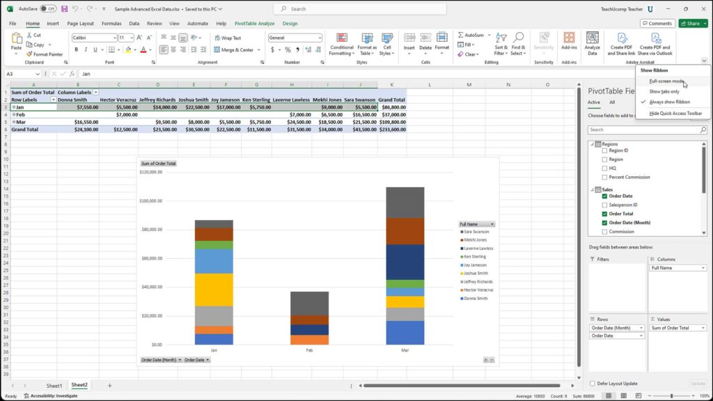A picture showing how to switch to full screen mode in Excel for Microsoft 365.