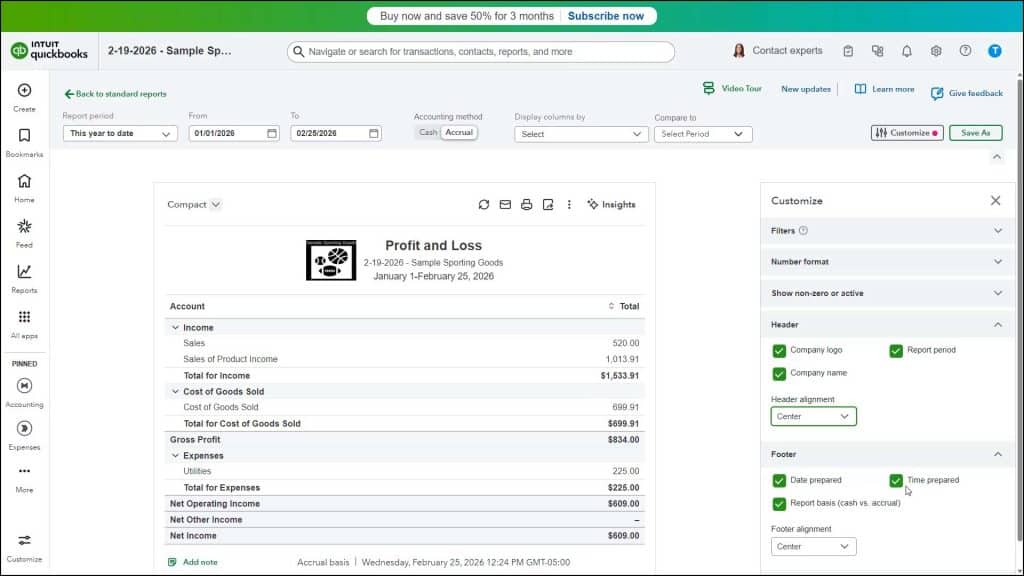 A picture showing how to change the header and footer report settings in QuickBooks Online.