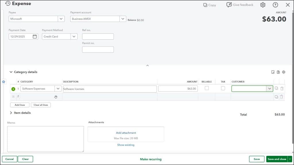 A picture showing how to create an expense in QuickBooks Online.