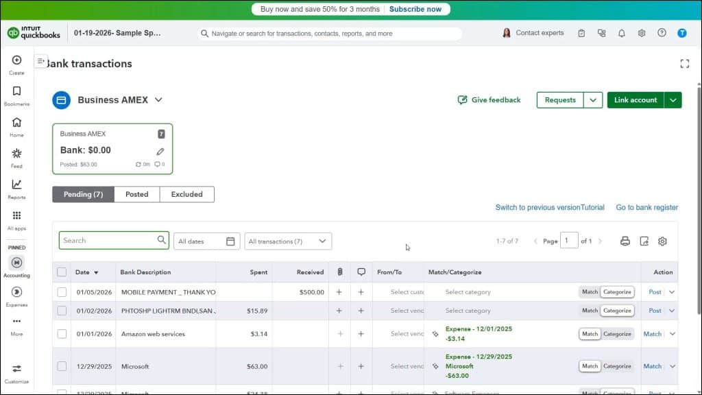 A picture showing bank transactions in QuickBooks Online on the Pending tab in the Bank transactions page.