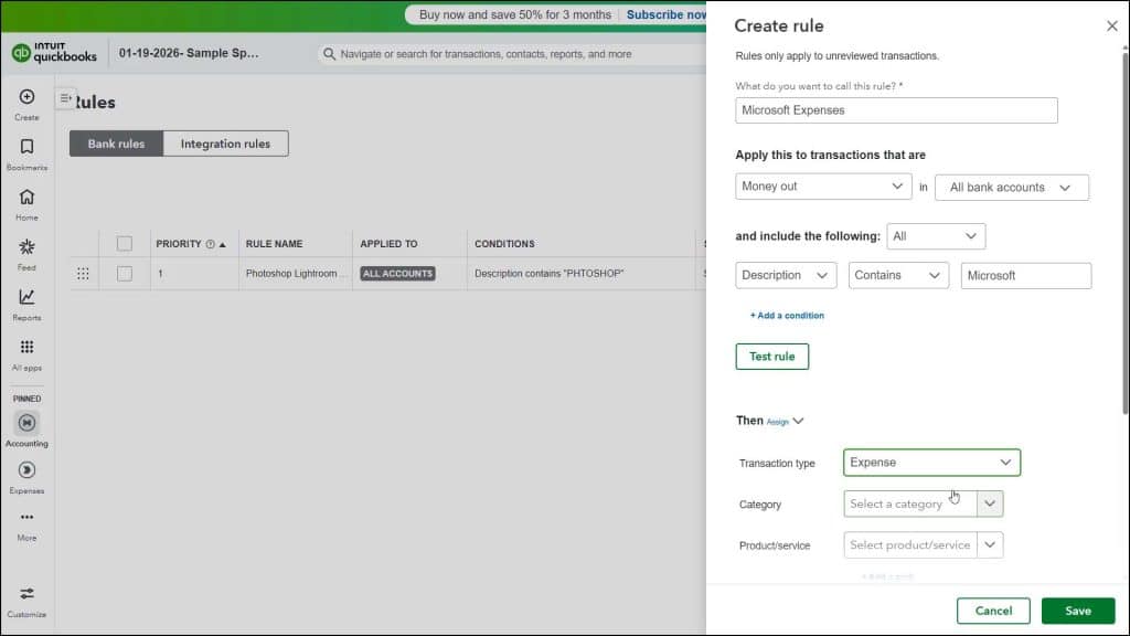 A picture showing how to create bank rules in QuickBooks Online.
