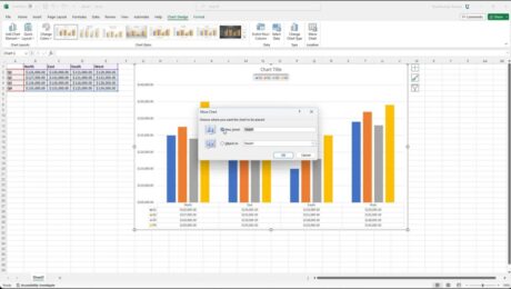 A picture showing how to move a chart in Excel to a new sheet by using the “Move Chart” dialog box.
