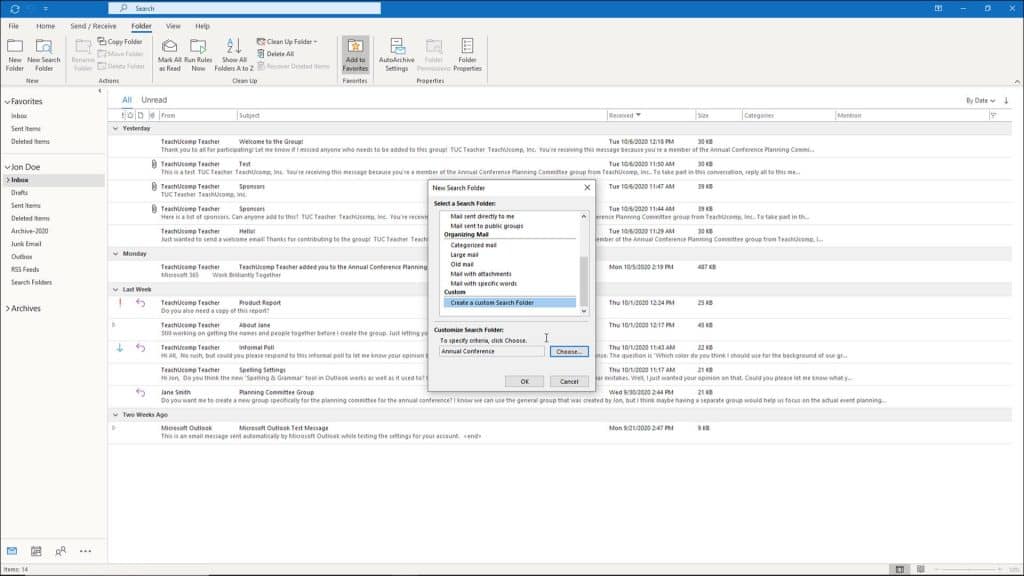 Use Search Folders in Outlook: A picture of a user creating a new search folder in the “New Search Folder” dialog box.