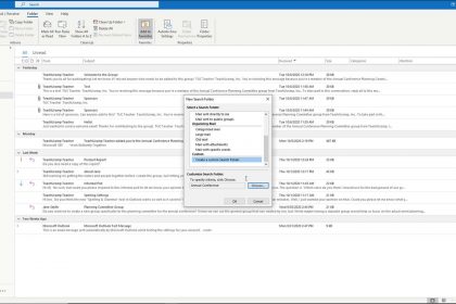 Use Search Folders in Outlook: A picture of a user creating a new search folder in the “New Search Folder” dialog box.