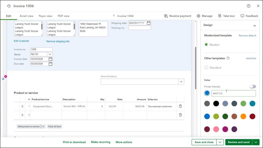 A picture showing how to change the “Design” settings in the “Manage” pane when customizing the “Modern” form style template for an invoice in QuickBooks Online.