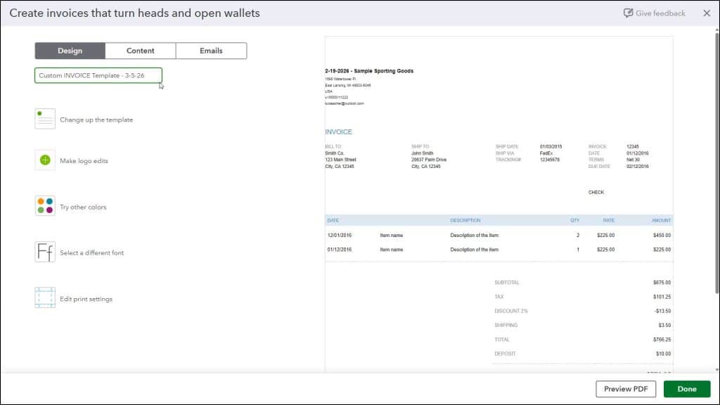 A picture showing how to change the custom form style template name when you create custom form styles in QuickBooks Online.