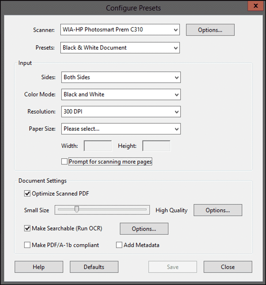 OCR in Acrobat XI- Tutorial: A picture of the "Configure Presets" dialog box in Adobe Acrobat XI Pro.