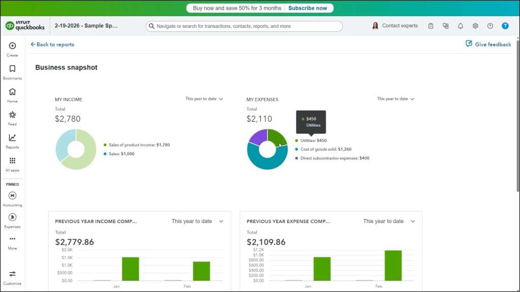 A picture of the Business snapshot graphs in QuickBooks Online.