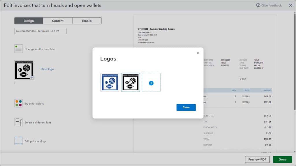 A picture showing how to change custom form Design settings in QuickBooks Online by selecting a logo for a custom form invoice.