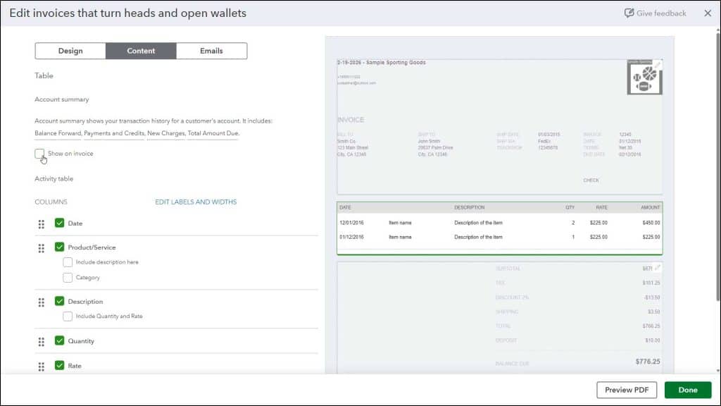 A picture showing how to change custom form Content settings in QuickBooks Online to change the activity table in a custom form for an invoice.