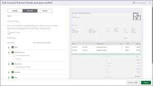 A picture showing how to change custom form Content settings in QuickBooks Online to change the activity table in a custom form for an invoice.