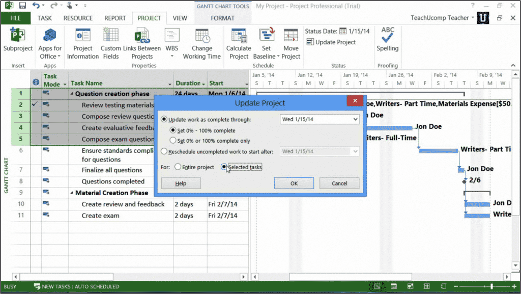 Update Multiple Tasks in Project- Tutorial: A picture of the "Update Project" dialog box that is used to update multiple tasks in Project 2013.