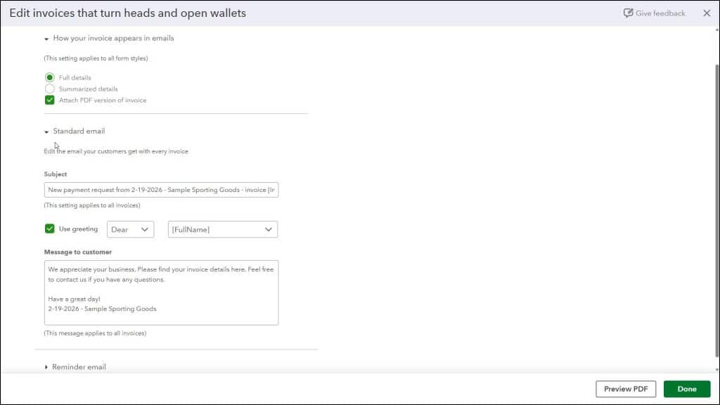 A picture showing how to change custom form Emails settings in QuickBooks Online.