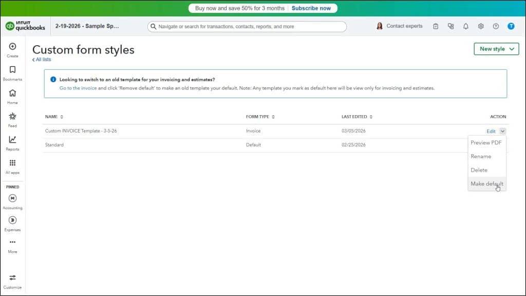 A picture showing how to manage custom form styles in QuickBooks Online by selecting actions in the Custom form styles page.