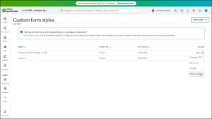 A picture showing how to manage custom form styles in QuickBooks Online by selecting actions in the Custom form styles page.