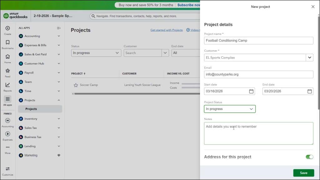 A picture showing how to create a project in QuickBooks Online Plus.