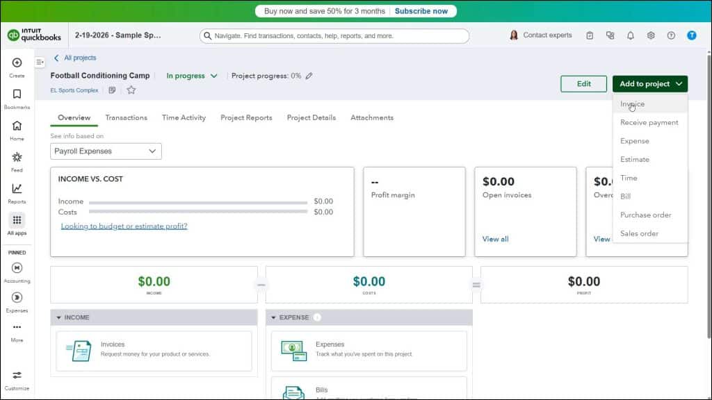 A picture showing how to add transactions to a project in QuickBooks Online Plus.