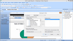 Subreports in Crystal Reports 2013- Tutorial: A picture of the "Subreport Links" dialog box, which shows the links for a selected subreport in Crystal Reports 2013.