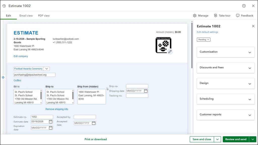 A picture showing how to check the customer and estimate information after you create an estimate in QuickBooks Online.