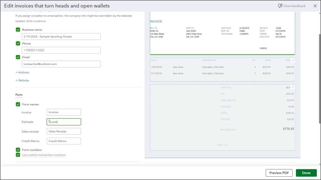 A picture showing how to change the term estimate in QuickBooks Online by changing the term’s settings in a custom form style.