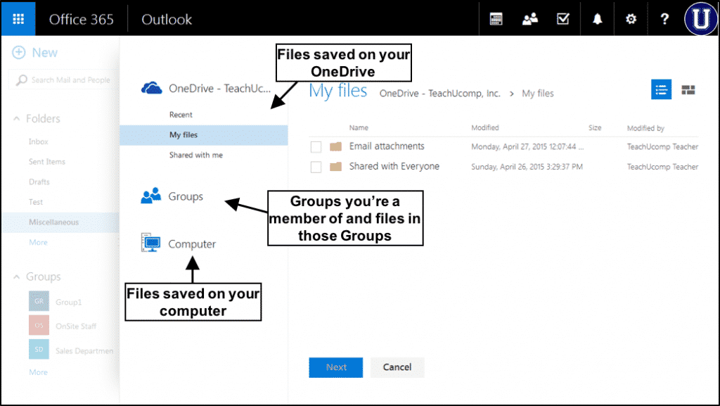 Send Attachments from OneDrive in Outlook Web App - Tutorial: A picture of a user attaching a file from OneDrive to an email message using the Outlook Web App.