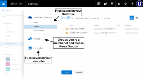 Send Attachments from OneDrive in Outlook Web App - Tutorial: A picture of a user attaching a file from OneDrive to an email message using the Outlook Web App.
