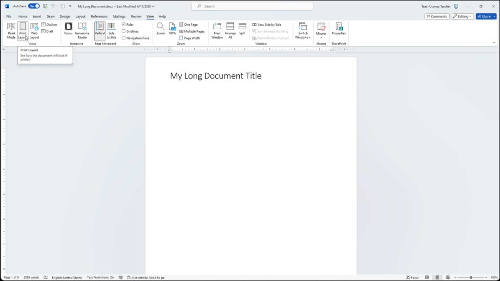 A picture showing the locations of the buttons in the Ribbon and the Status Bar that you use to change document views in Word.