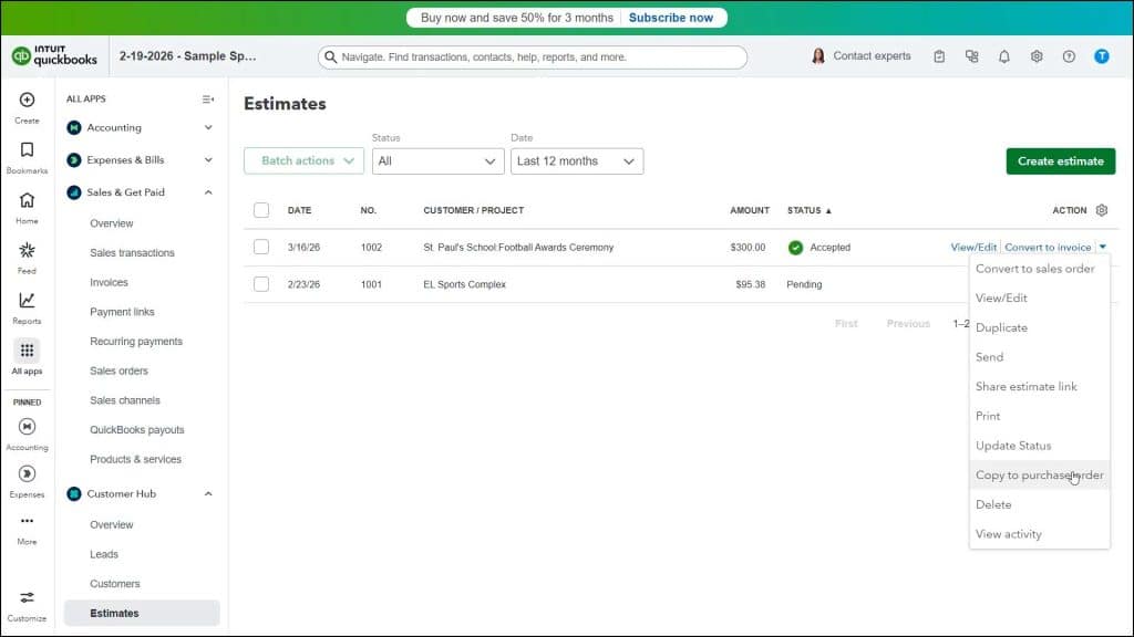 A picture showing how to copy items from an estimate to a purchase order in QuickBooks Online.